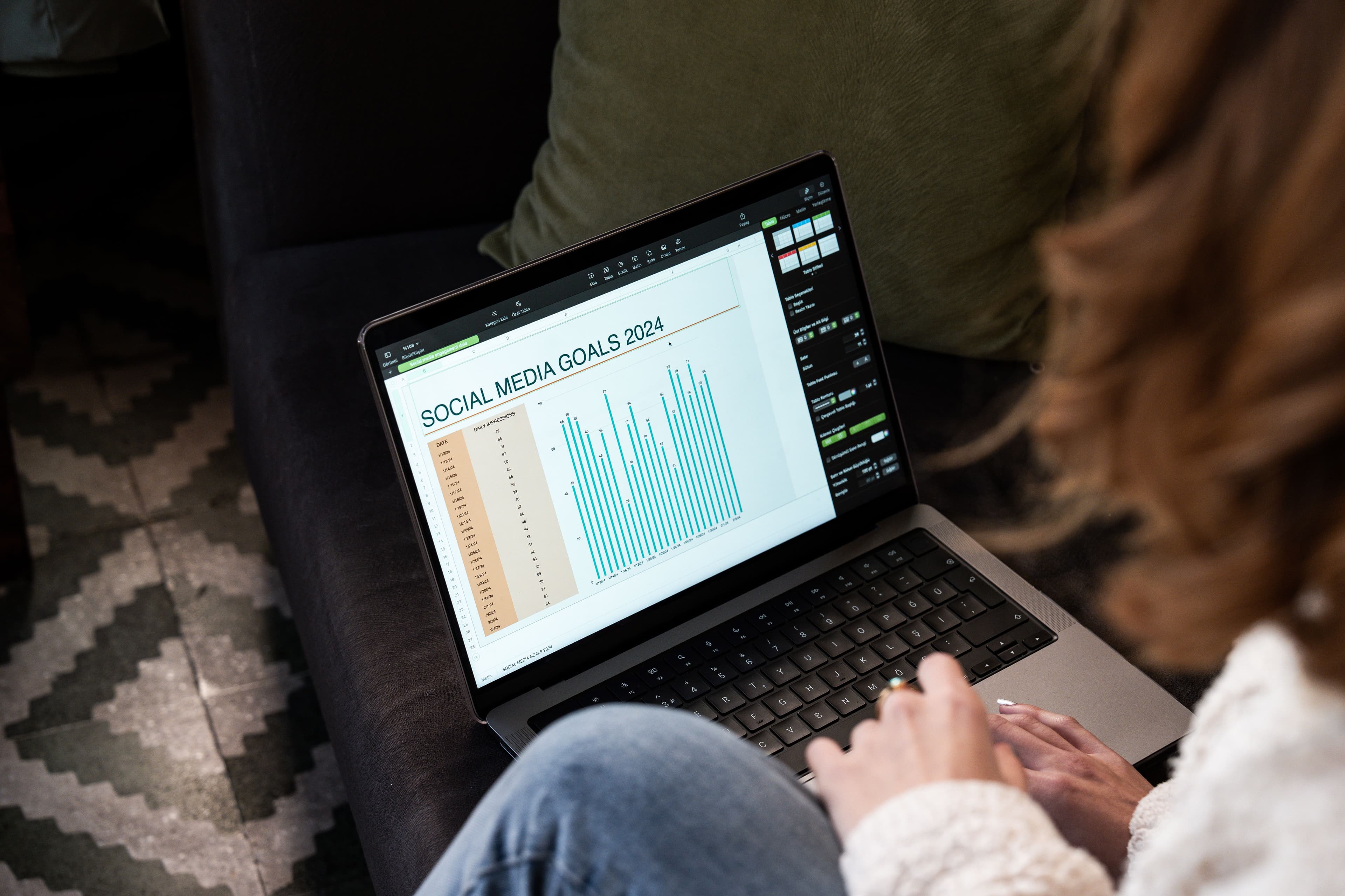 Person reviewing social media goals and analytics on a laptop.